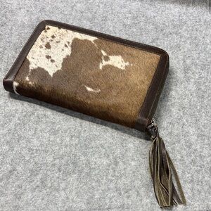 Western Linens tassel brown cowhide and pebbled leather wallet purse